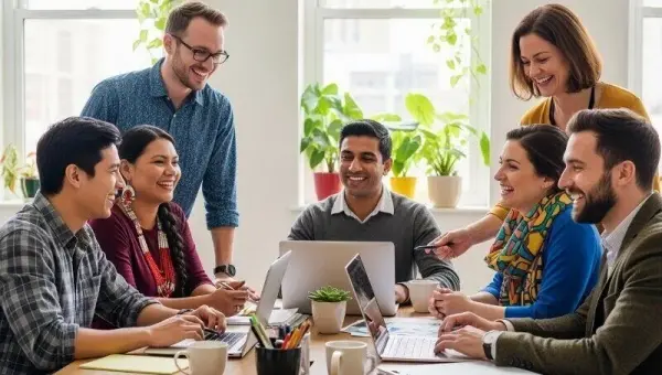 Diverse team of professionals smiling and collaborating around a table with laptops and notes in a bright office, reflecting a positive and supportive company culture.